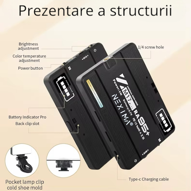 lampa led portabila profesionala nexima® 99 led uri, cri95+, reglaj 2500k 9000k, acumulator 2000mah, suport pentru telefon, laptop, dslr, husa inclusa, ideala pentru vlog, live streaming, fotografie