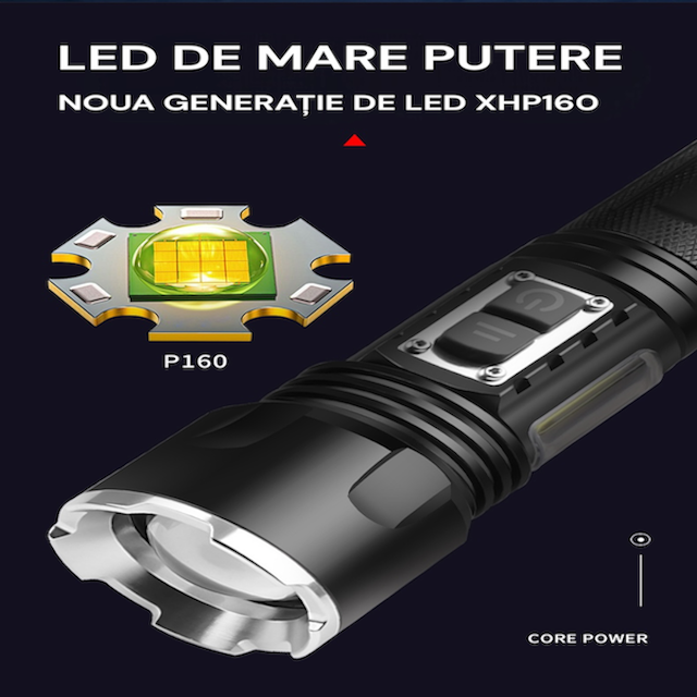 Lanterna puternica profesionala NEXIMA®, LED XHP160, din aluminiu, 5 moduri iluminare + COB 4 moduri, waterproof IPX4, set cu 2 baterii 26650 5000mAh - imagine 2