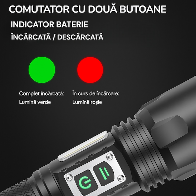Lanterna puternica profesionala NEXIMA®, LED XHP160, din aluminiu, 5 moduri iluminare + COB 4 moduri, waterproof IPX4, set cu 2 baterii 26650 5000mAh - imagine 7