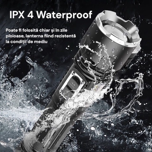 Lanterna puternica profesionala NEXIMA®, LED XHP160, din aluminiu, 5 moduri iluminare + COB 4 moduri, waterproof IPX4, set cu 2 baterii 26650 5000mAh - imagine 5