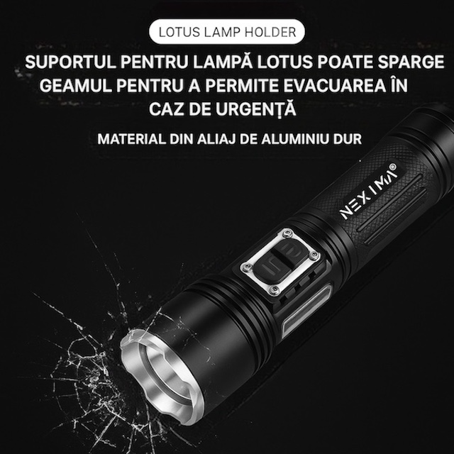 Lanterna puternica profesionala NEXIMA®, LED XHP160, din aluminiu, 5 moduri iluminare + COB 4 moduri, waterproof IPX4, set cu 2 baterii 26650 5000mAh - imagine 6