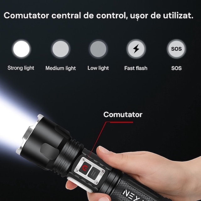 Lanterna puternica profesionala NEXIMA®, LED XHP160, din aluminiu, 5 moduri iluminare + COB 4 moduri, waterproof IPX4, set cu 2 baterii 26650 5000mAh - imagine 3