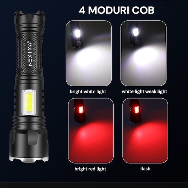 Lanterna puternica profesionala NEXIMA®, LED XHP160, din aluminiu, 5 moduri iluminare + COB 4 moduri, waterproof IPX4, set cu 2 baterii 26650 5000mAh - imagine 4