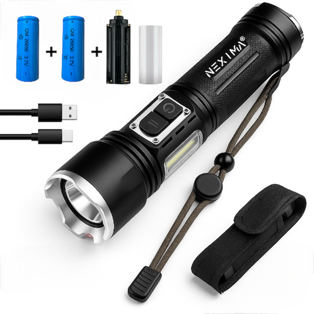 Lanterna puternica profesionala NEXIMA®, LED XHP160, din aluminiu, 5 moduri iluminare + COB 4 moduri, waterproof IPX4, set cu 2 baterii 26650 5000mAh