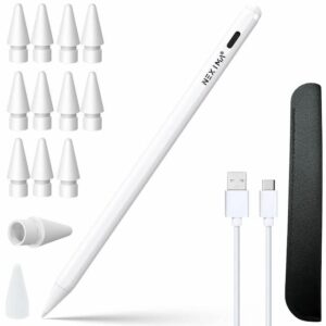stylus pen profesional nexima®, 2nd gen pentru ipad, incarcare magnetica si usb c, functie palm rejection, tilt, precizie pixel, fara lag, husa, capac protectie varf, 12 penite anti zgarieturi incluse