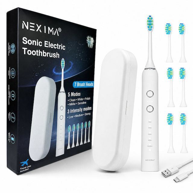 Periuță de dinți electrică sonică NEXIMA®, motor cu levitație magnetică 40.000 pulsații/min, 5 moduri curățare, 3 intensități, 7 capete incluse, autonomie 60+ zile, USB-C, IPX7, husă călătorie, adulți & copii 10+, Alb