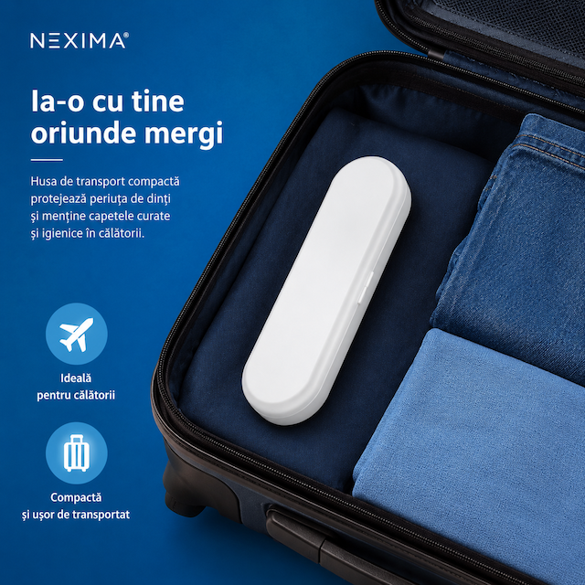 Periuță de dinți electrică sonică NEXIMA®, motor cu levitație magnetică 40.000 pulsații/min, 5 moduri curățare, 3 intensități, 7 capete incluse, autonomie 60+ zile, USB-C, IPX7, husă călătorie, adulți & copii 10+, Alb - imagine 14