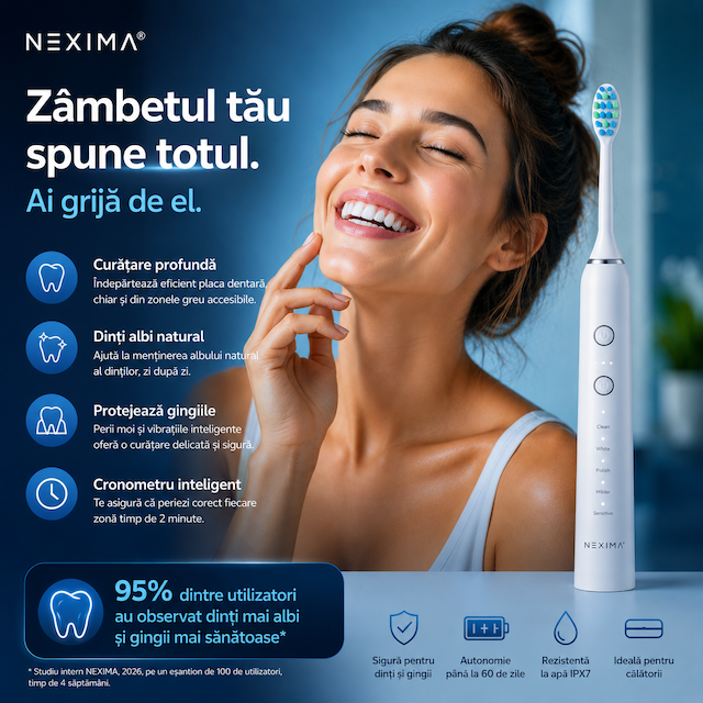 Periuță de dinți electrică sonică NEXIMA®, motor cu levitație magnetică 40.000 pulsații/min, 5 moduri curățare, 3 intensități, 7 capete incluse, autonomie 60+ zile, USB-C, IPX7, husă călătorie, adulți & copii 10+, Alb - imagine 13