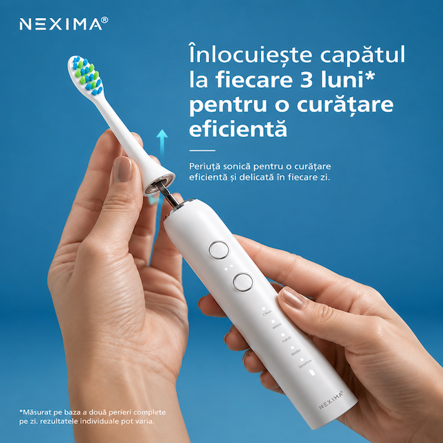 Periuță de dinți electrică sonică NEXIMA®, motor cu levitație magnetică 40.000 pulsații/min, 5 moduri curățare, 3 intensități, 7 capete incluse, autonomie 60+ zile, USB-C, IPX7, husă călătorie, adulți & copii 10+, Alb - imagine 6