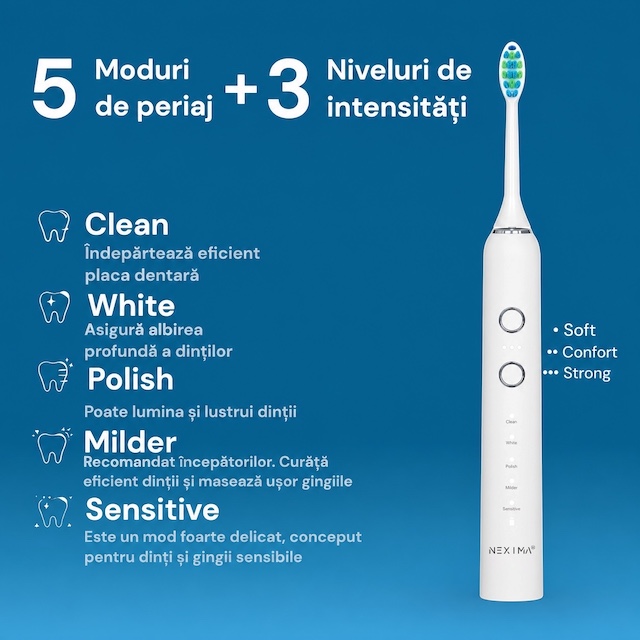 Periuță de dinți electrică sonică NEXIMA®, motor cu levitație magnetică 40.000 pulsații/min, 5 moduri curățare, 3 intensități, 7 capete incluse, autonomie 60+ zile, USB-C, IPX7, husă călătorie, adulți & copii 10+, Alb - imagine 2