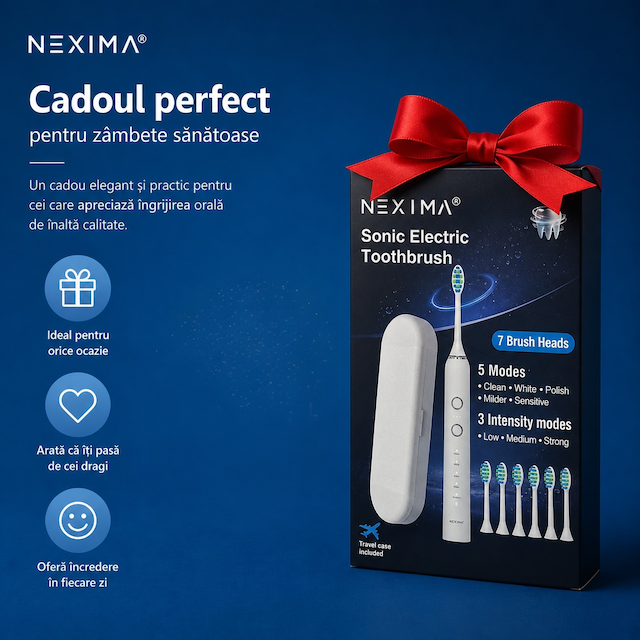 Periuță de dinți electrică sonică NEXIMA®, motor cu levitație magnetică 40.000 pulsații/min, 5 moduri curățare, 3 intensități, 7 capete incluse, autonomie 60+ zile, USB-C, IPX7, husă călătorie, adulți & copii 10+, Alb - imagine 15